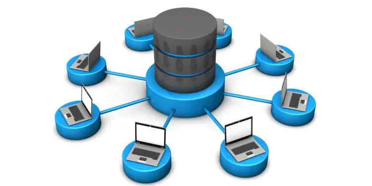 Choosing the right database: Central database connected to multiple laptops representing data distribution and connectivity