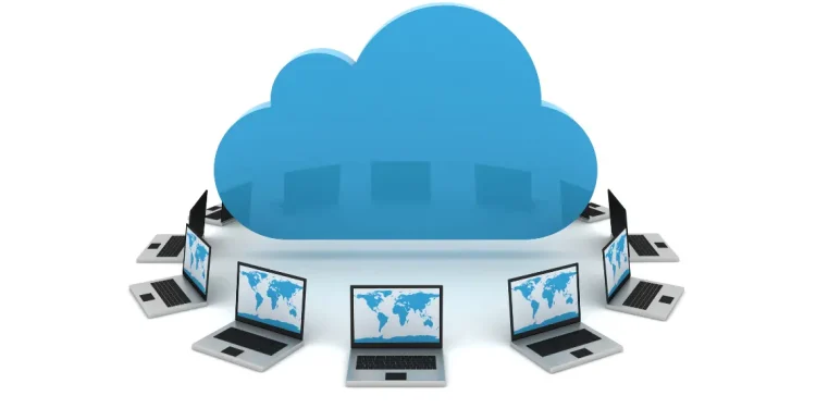 Illustration of multi-cloud computing with a cloud icon connected to multiple laptops